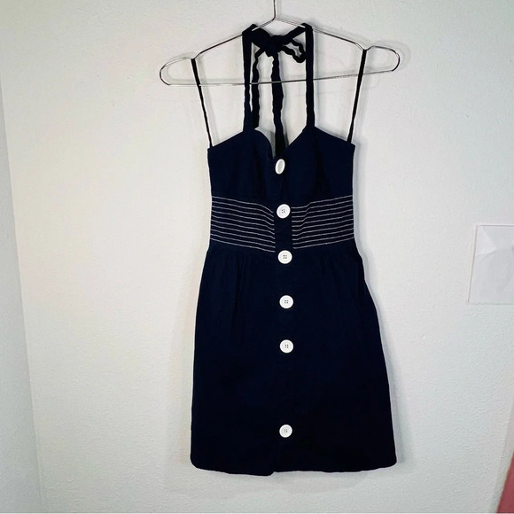 Ruby Rox Navy Blue Halter Top Dress with White Button Front Vintage Vibe Size 3 - Picture 2 of 12
